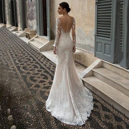 S440F 2025 Long-sleeved Halter Fishtail Tail Buckle Large Size to Map Custom Retro Slim Long-sleeved Romance Wedding Dress
