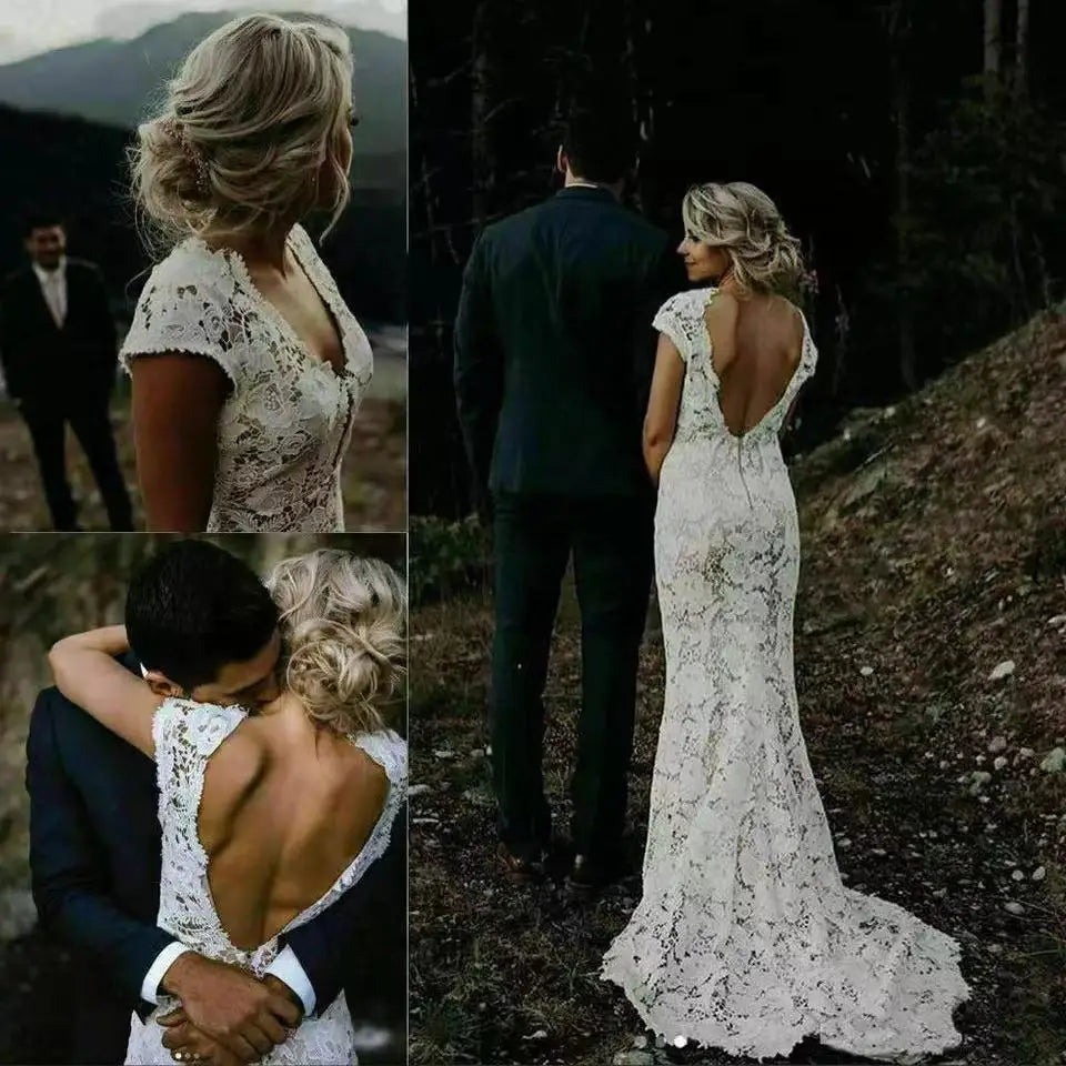 9803#Sheath Wedding Dresses V Neck Cap Sleeves Sexy Backless Vestidos De Novia Mermaid Bride Dresses Bridal Gowns Wedding Dress