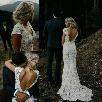 9803#Sheath Wedding Dresses V Neck Cap Sleeves Sexy Backless Vestidos De Novia Mermaid Bride Dresses Bridal Gowns Wedding Dress