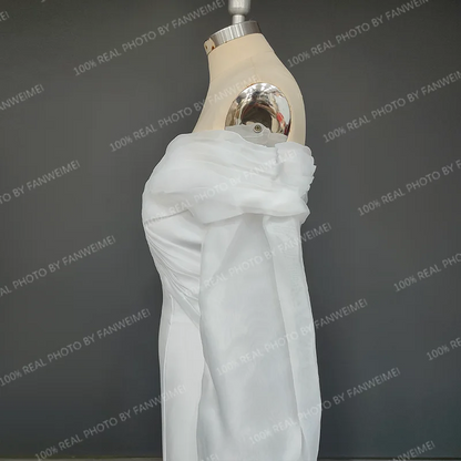 Real Photos Off Shoulder Lantern Sleeves Sheath Soft Satin Ruched Sweep Train Wedding Dress Low Back Bridal Gown for Women