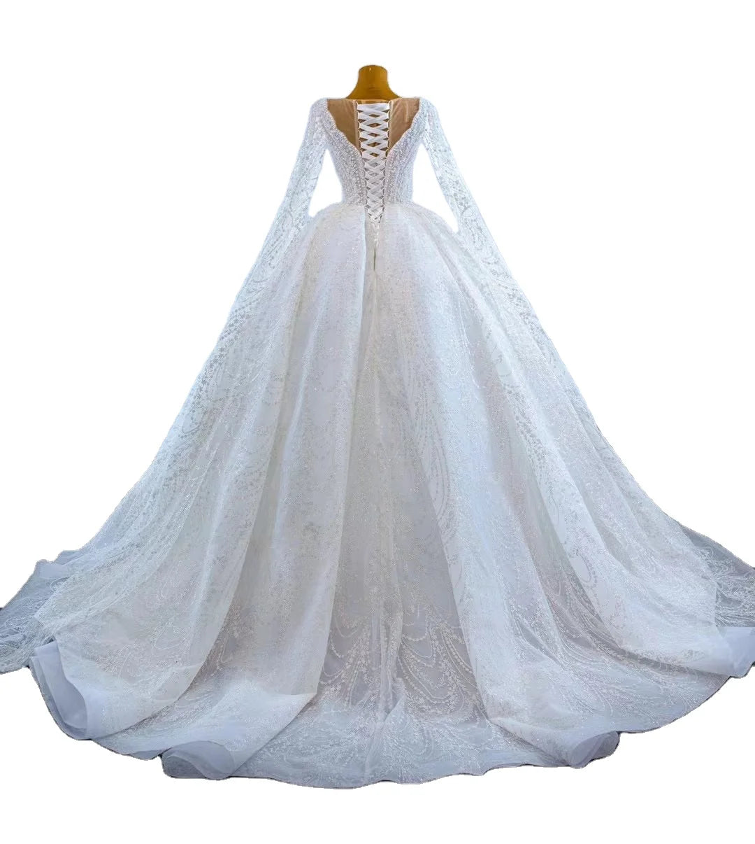 Feishiluo Luxury Wedding Dress O-Neck Ball Gown Long Sleeves Chapel Train Embroidery Appliques Floral Print Beaded Lace Crystals