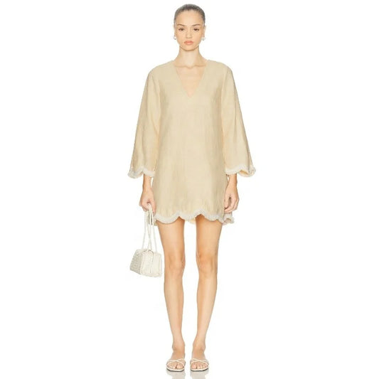 Women's Summer Yellow French Vintage Regular Fit Short A-line Dress Heavyweight Linen/Cotton ODM Solid Embroidered Natural