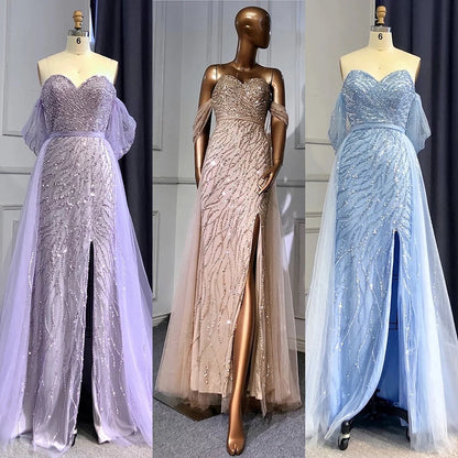 Feishiluo  Luxury  Mermaid Evening Dress  Off-shoulder Handmade Beaded Prom Dress With Removable  Train