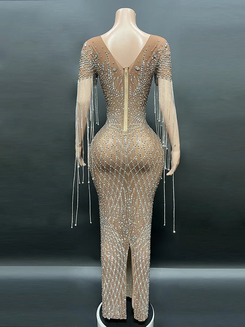 2026 Summer Vintage Drop Shipping Sexy Shiny Diamond Brown Sheer Bling Dress Long Gown for Evening Party Dress