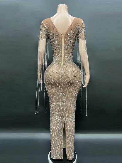 2026 Summer Vintage Drop Shipping Sexy Shiny Diamond Brown Sheer Bling Dress Long Gown for Evening Party Dress