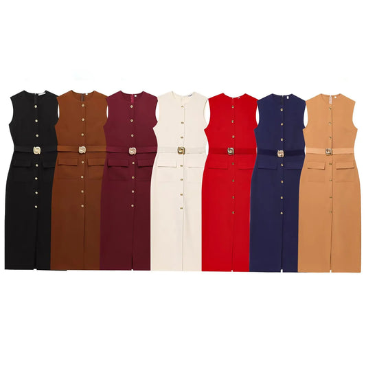 Women's new fashion split midi dress retro O-neck sleeveless women's fashion dress Vestidos Mujer