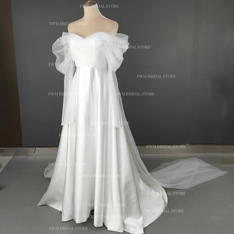 4531# Real Photos Custom Elegant Off Shoulder for Beach Wedding Lace Sweep Train Satin A-line Wedding Dress Bridal Gown