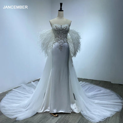 Off Shoulder Detachable Tail Wedding Dress Beaded Pearls Bridal Gown Sequined Feather Backless Gown Wm22