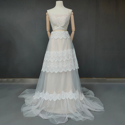 #1247 Spaghetti Straps Soft Lace Sleeveless Sweep Train A-Line Bohemian Beach Backless Wedding Dress Bridal Gowns Evening Dress