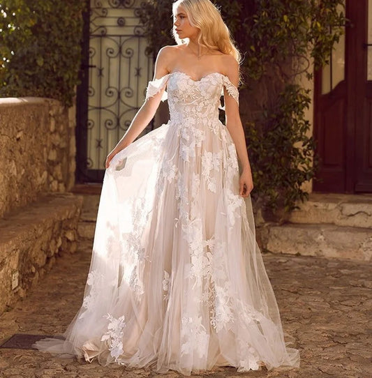 11740#Strapless Short Sleeve A-Line Maxi Boho Sweetheart Open Back Sweep Train Lace Applique Wedding Dress Wedding Bridal Gown
