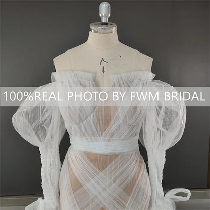 8692# Real Photos Exquisite Lace Mermaid Wedding Dress Bridal Gown for Women Puffy Sleeves Tulle Sweep Train Even Dresses