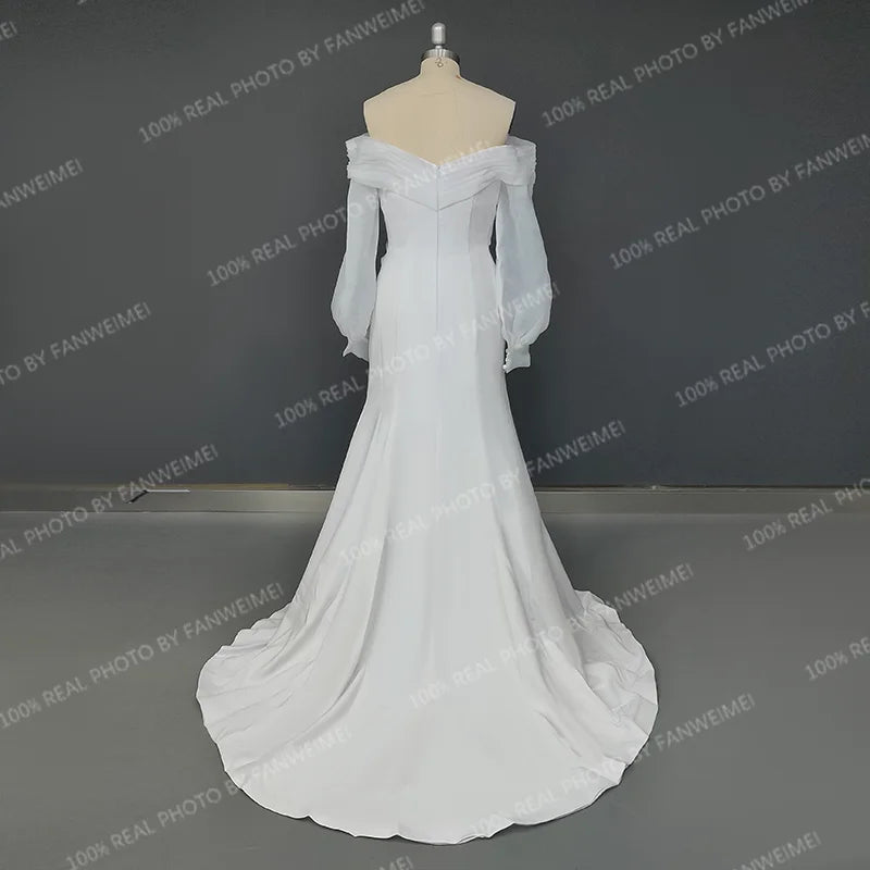Real Photos Off Shoulder Lantern Sleeves Sheath Soft Satin Ruched Sweep Train Wedding Dress Low Back Bridal Gown for Women