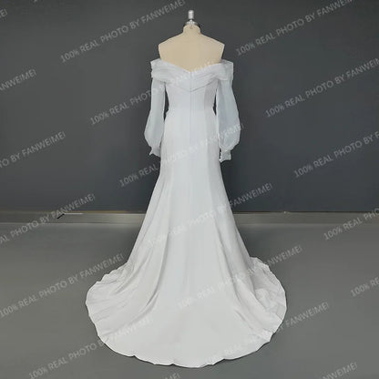 Real Photos Off Shoulder Lantern Sleeves Sheath Soft Satin Ruched Sweep Train Wedding Dress Low Back Bridal Gown for Women