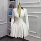 Women's Pleated V-neck Long-sleeved Dress French Style Slim Waist Knee Length Skirt