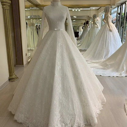 FA177 Customized High Neck Long Sleeves A-Line Zipper Back Tulle Lace Applique Pearl Beaded Wedding Dresses With Bow Vestido