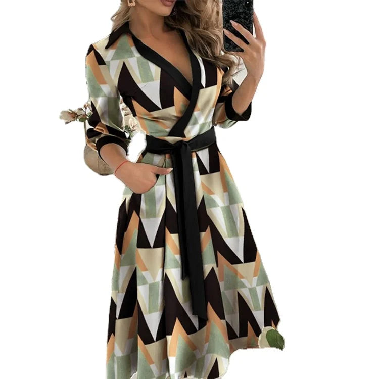 New Woman Clothes  Fashionable Long-sleeved V-neck Printed Hip-hugging Dress for Women Lapel Shirt Dress  With High Quality