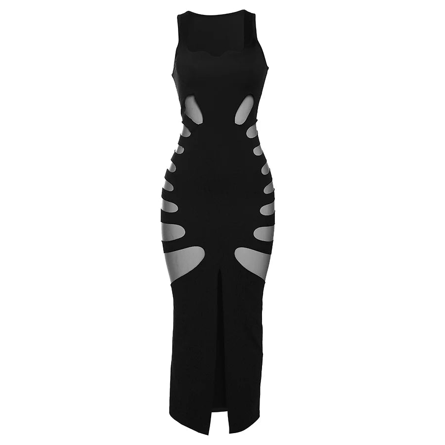 Sexy Black Slim Party Dress Side Split Skinny Hollow Out Dress Elegant Women Casual Dresses