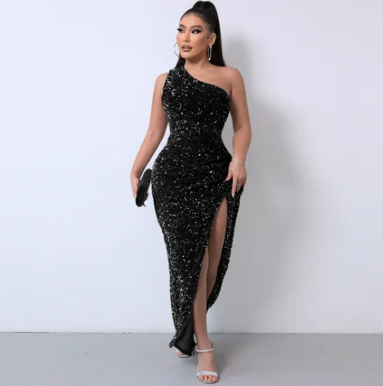 Liu Ming High End Sexy One Shoulder Backless Club Party High Split Sleeveless Elegant Sequin Long Bodycon Dress for Women
