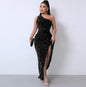 Liu Ming High End Sexy One Shoulder Backless Club Party High Split Sleeveless Elegant Sequin Long Bodycon Dress for Women
