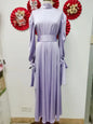 Enyami Satin Elegant Maxi Evening Dress Long Sleeves Abayah Islamic Clothing Muslim Women Dress With Head Scarf