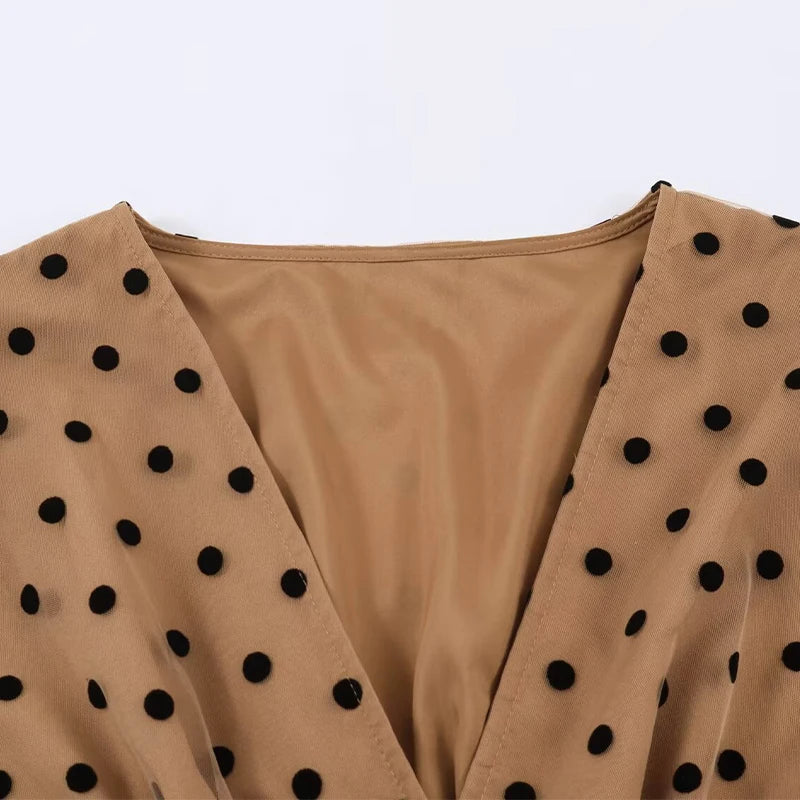 ZATRHMBM 2026 Spring/Summer New Fashion Women's Polka Dot V-Neck Dress Retro Casual Elegant Long-Sleeved Dress