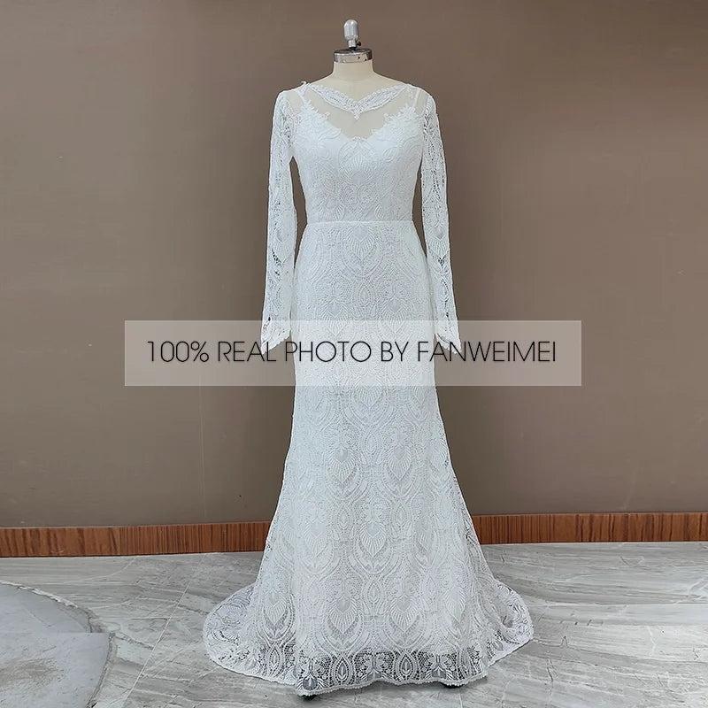 #10165 2 Pieces Long Sleeves Lace Rustic Wedding Dress Backless Vintage Beach Barn Ranch Plus Size Custom Made  Mermaid