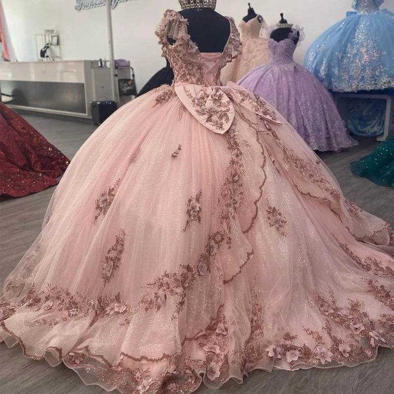 QD1604 Pink V-Neck Quinceanera Dress Glittering 3D Flower for 15 Party Formal Dress Ball Gown 16 Birthday Princess Gown