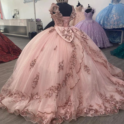 QD1604 Pink V-Neck Quinceanera Dress Glittering 3D Flower for 15 Party Formal Dress Ball Gown 16 Birthday Princess Gown