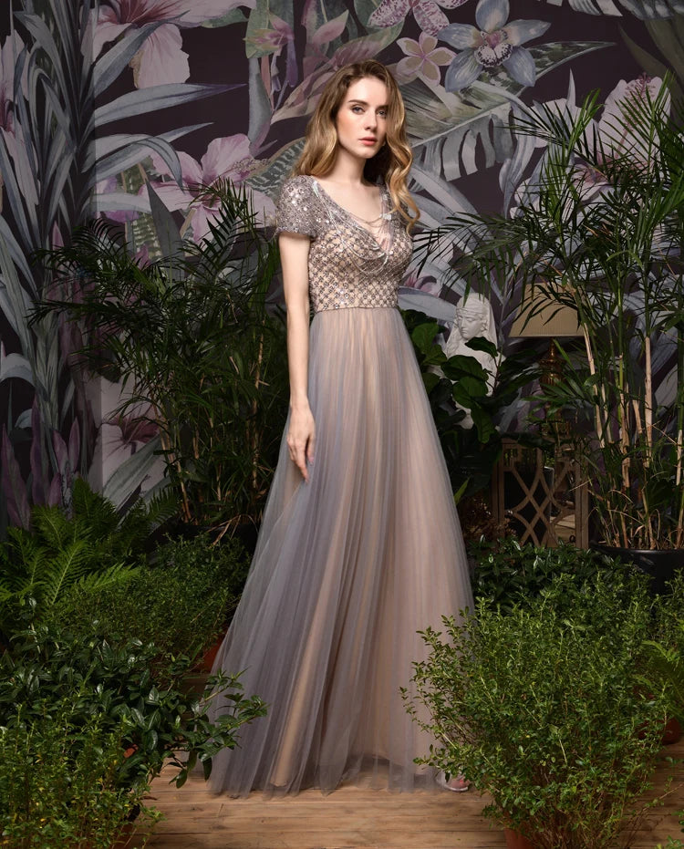 Elegant Evening Dress Short Sleeves Delicate Beaded Gray Tulle Ladies Long Evening Party Wear Gown