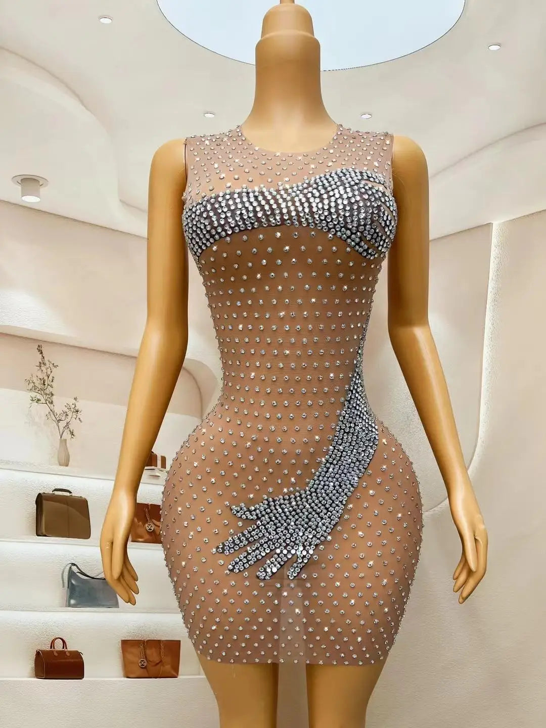 Vestidos Mujer Sleeveless See Through Formal Party Evening Dress Ladies Dinner Banquet Prom Dress Women Sexy Diamonds Club Dress