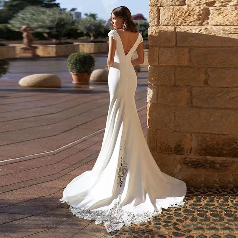 13418#Soft Satin Simple Elegant Open Back Mermaid Cap Sleeves V-Neck Sweep Train Backless Sheer Lace Wedding Dress Bridal Gown
