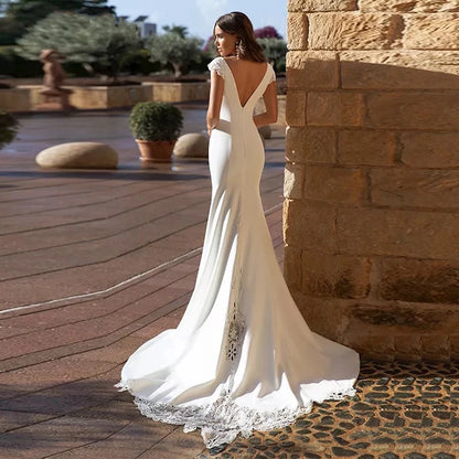 13418#Soft Satin Simple Elegant Open Back Mermaid Cap Sleeves V-Neck Sweep Train Backless Sheer Lace Wedding Dress Bridal Gown