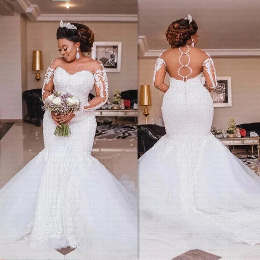 Winter Modern Casual Wedding Dress for Bride New Long Sleeve Mermaid Style with Embroidery and Flowers Decoration Maxi Length