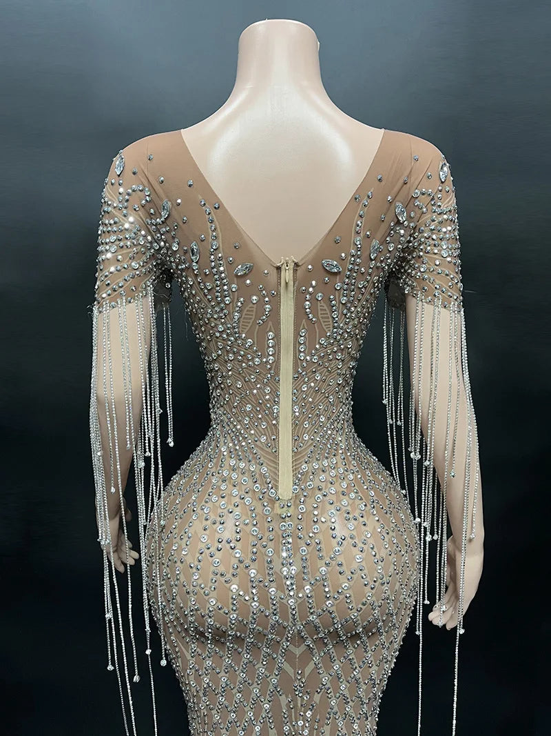 2026 Summer Vintage Drop Shipping Sexy Shiny Diamond Brown Sheer Bling Dress Long Gown for Evening Party Dress