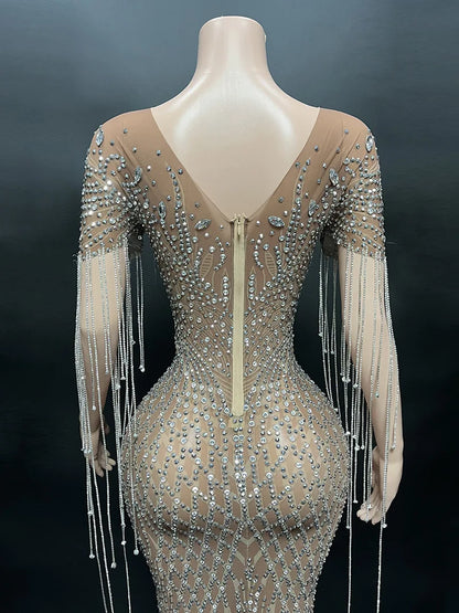 2026 Summer Vintage Drop Shipping Sexy Shiny Diamond Brown Sheer Bling Dress Long Gown for Evening Party Dress