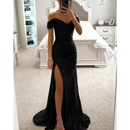 Women's Gold Mermaid Sequined Evening Party Dress Bling Prom Gown Off Shoulder Formal Wear for Summer Seasons Long Dress