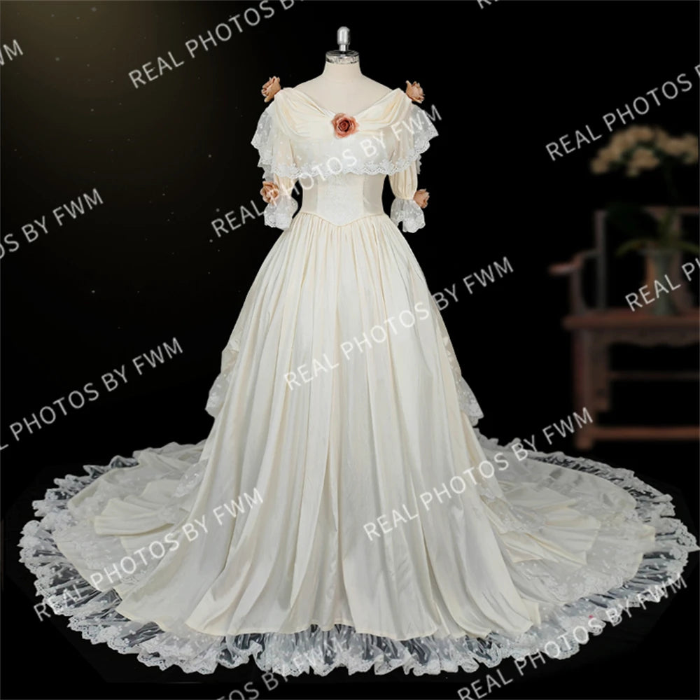 Real Photos High Quality 1920s Vintage 3D Flower Taffeta Wedding Dress Elegant Women Lace Ball Gown Bride Dress for Wedding 2373