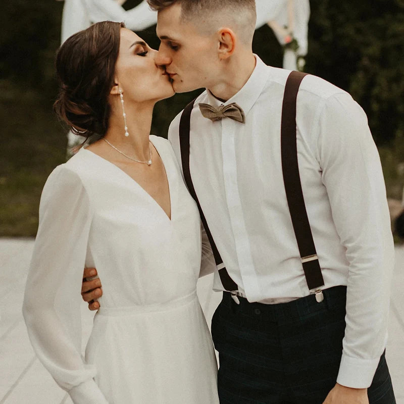 13814# Elegant Long Puff Sleeve Wedding Dress 2022 Simple A-Line Chiffon V-Neck Bridal Gown Button Sweep Train Wedding Gown