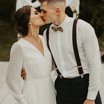 13814# Elegant Long Puff Sleeve Wedding Dress 2022 Simple A-Line Chiffon V-Neck Bridal Gown Button Sweep Train Wedding Gown