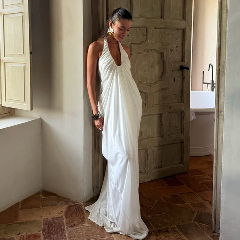 Sexy Halter Neck Backless White Mesh Casual Women Summer Maxi Dress Elegant Ladies Fashion Western Dresses 2026 New Arrivals