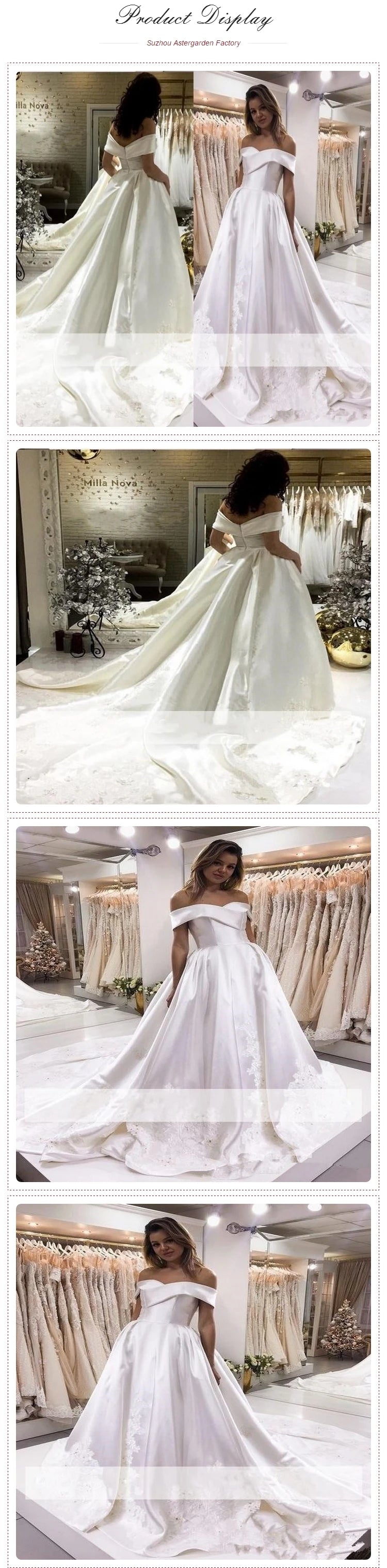 Elegant Satin a Line Wedding Dress Off-The-Shoulder Long Formal Bridal Gowns Lace Appliques Sweep Train Robe De Mariee