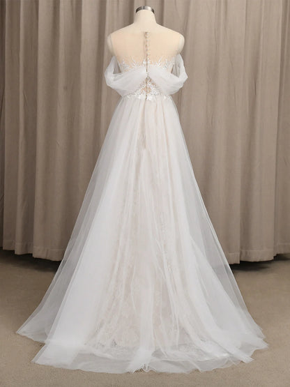4247# Real Photos Appliques Wedding Dress O-Neck Lace Short Sleeve Illusion Straps Back A-Line Ruched Tulle  Bridal Gown