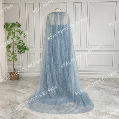 15165 Real Photos High Quality Two Piece Set Blue Strapless A-line Shiny Tulle Evening Dress for Plus Size Women Party Prom Gown