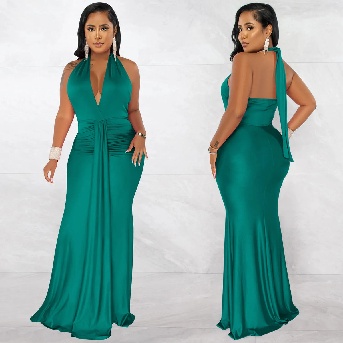 Women Sexy Satin Halter Deep V Neck Long High Split Dress Elegant Irregular Bodycon Sleeveless Evening Prom Floor Length Dress