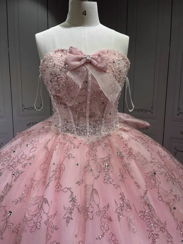 Mumuleo Sleeveless Crystal Vestidos De 15 Anos Pink Quinceanera Dress Sweetheart Neck Glitter Sequin Sweet 15 Gowns With Bow