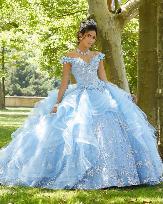 QD1521 Light Sky Blue Sweet 16 Quinceanera Dress Off Shoulder Appliques Sequins Flowers Princess Party Gown Vestidos De 15