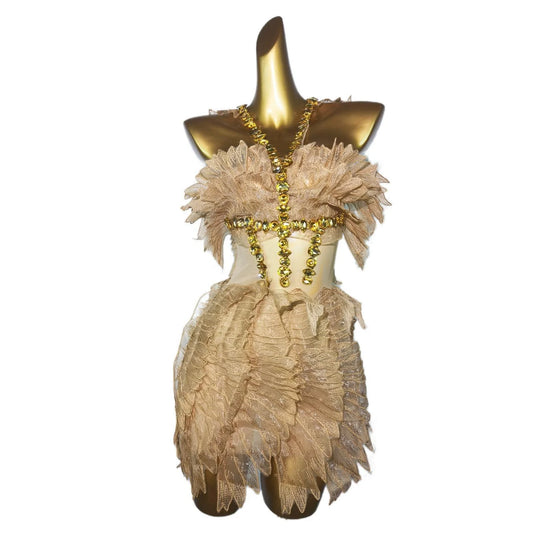 Designer Gold Ruffles Rhinestone Dinner Prom Dress Party Stage Dancer Clothes Ladies Birthday Dress Women Mini Night Club Dress