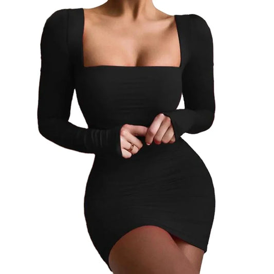 Square Neck Long Sleeve Bodycon Dress Women Sexy Autumn Winter Black Short Wrap Ruched Basic Party Red Mini Dresses