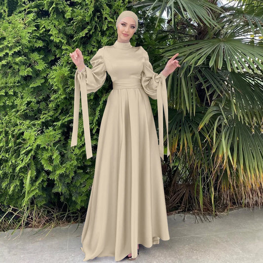 Enyami Satin Elegant Maxi Evening Dress Long Sleeves Abayah Islamic Clothing Muslim Women Dress With Head Scarf