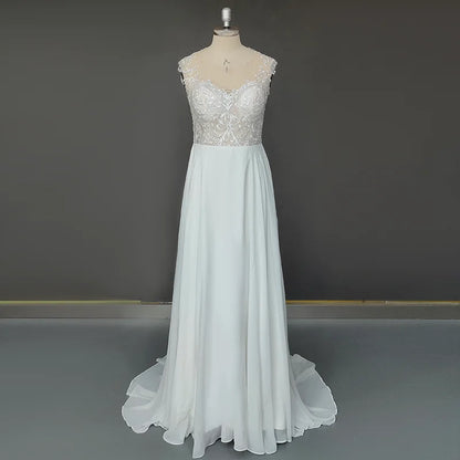 11094#Sheer Back Sweetheart Short Sleeve Lace Applique a Line Sweep Train Bohemian Chiffon Bridal Gowns Ladies Wedding Dress